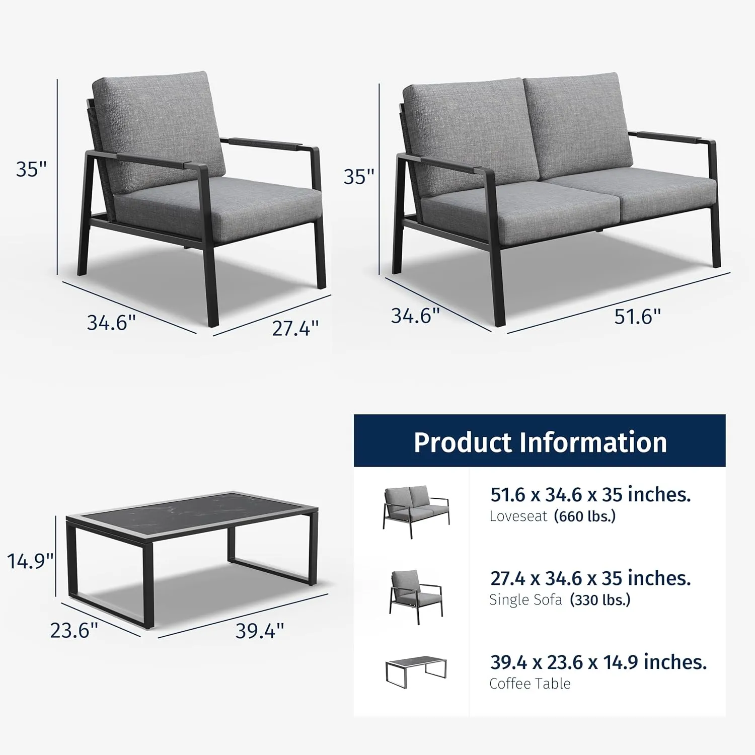 EAST OAK 4-Piece Patio Furniture Set with Thick Cushions, 2025 Coast Patio Conversation Set,4 Seats Waterproof Outdoor Patio Set with Rattan Armrests, Loveseat and Coffee Table for Backyard, Grey