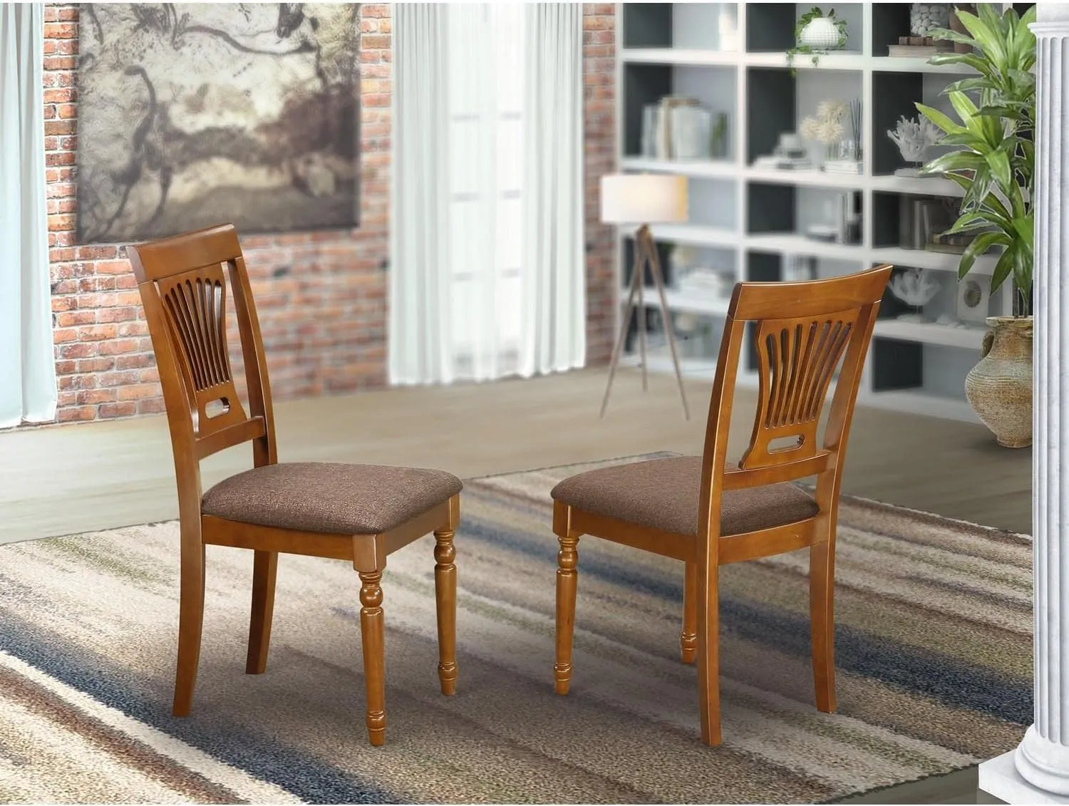 East West Furniture Plainville Dining Room Linen Fabric Upholstered Solid Wood Chairs, Set of 2, Saddle Brown