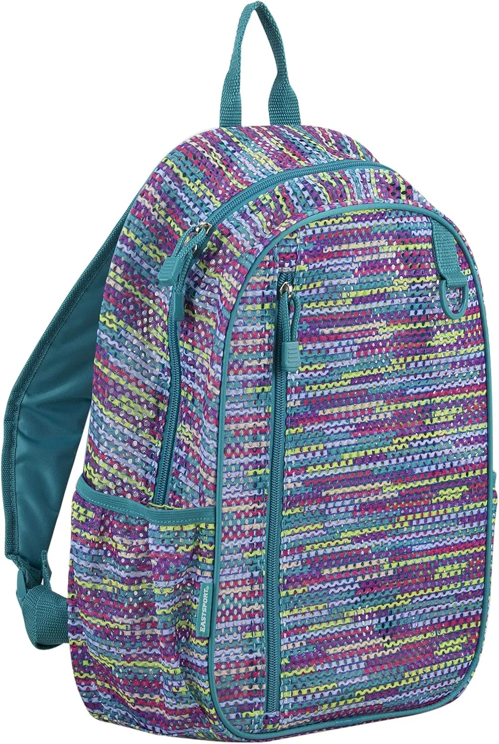 Eastsport Gym Mesh Backpack with Padded Adjustable Straps, Multi Color Striped Mesh/Jamaican Blue Sea Trim and Straps One Size