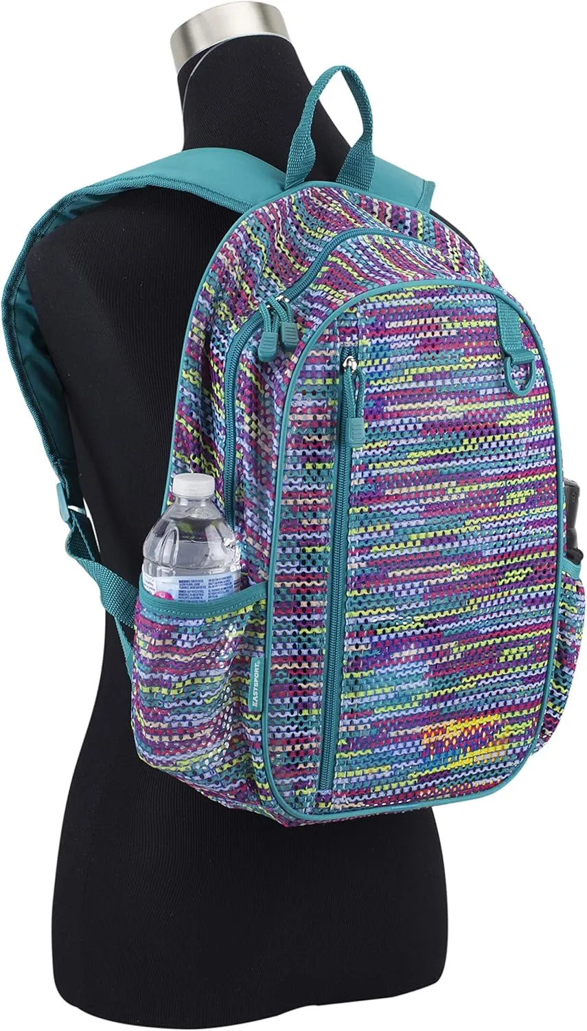 Eastsport Gym Mesh Backpack with Padded Adjustable Straps, Multi Color Striped Mesh/Jamaican Blue Sea Trim and Straps One Size