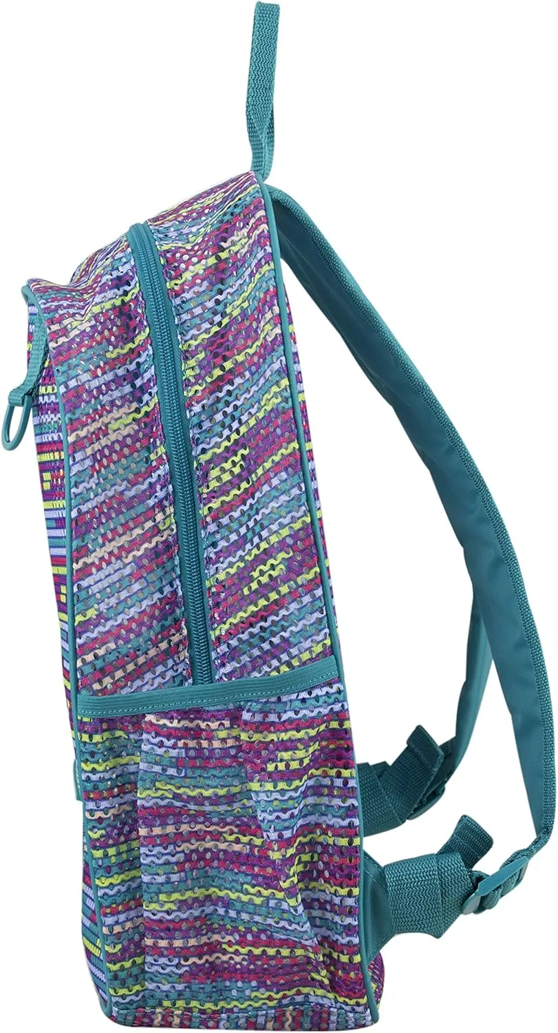 Eastsport Gym Mesh Backpack with Padded Adjustable Straps, Multi Color Striped Mesh/Jamaican Blue Sea Trim and Straps One Size
