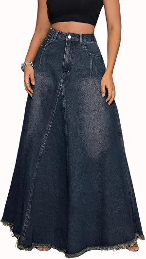 ebossy Women's Retro Distressed High Waist Frayed Hem A Line Wash Maxi Long Denim Skirt with Pockets