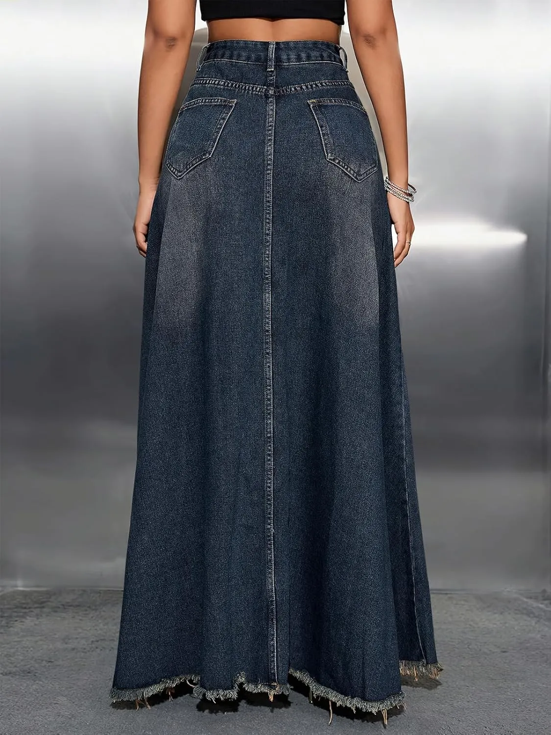 ebossy Women's Retro Distressed High Waist Frayed Hem A Line Wash Maxi Long Denim Skirt with Pockets