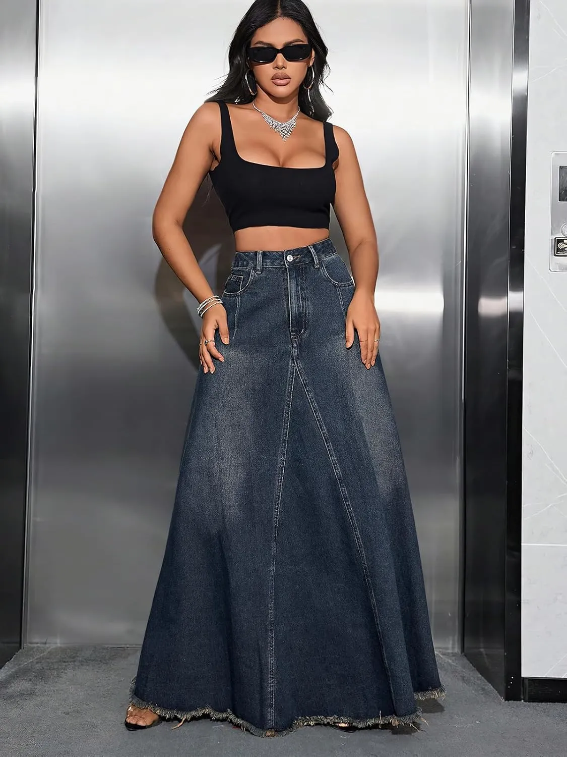 ebossy Women's Retro Distressed High Waist Frayed Hem A Line Wash Maxi Long Denim Skirt with Pockets
