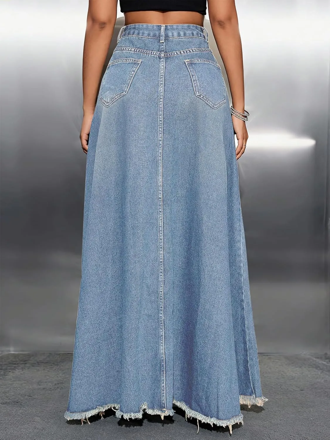 ebossy Women's Retro Distressed High Waist Frayed Hem A Line Wash Maxi Long Denim Skirt with Pockets