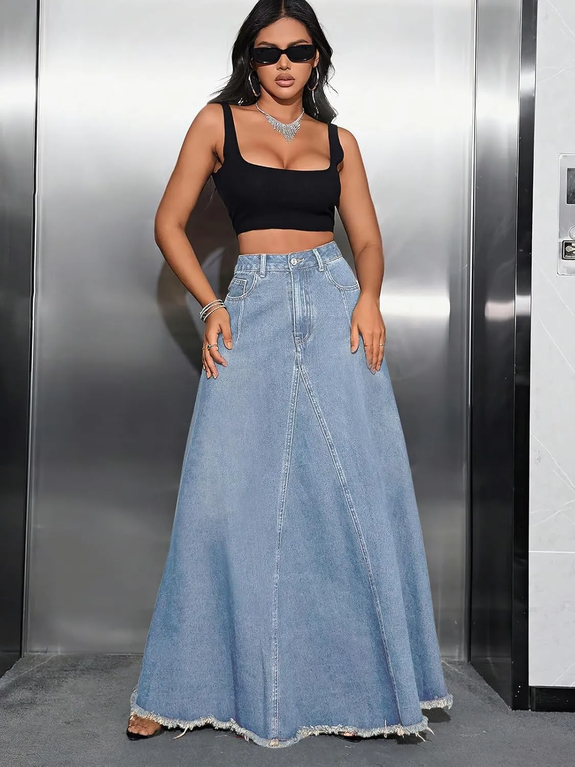 ebossy Women's Retro Distressed High Waist Frayed Hem A Line Wash Maxi Long Denim Skirt with Pockets