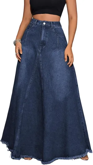 ebossy Women's Retro Distressed High Waist Frayed Hem A Line Wash Maxi Long Denim Skirt with Pockets