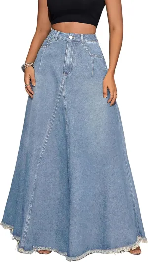ebossy Women's Retro Distressed High Waist Frayed Hem A Line Wash Maxi Long Denim Skirt with Pockets