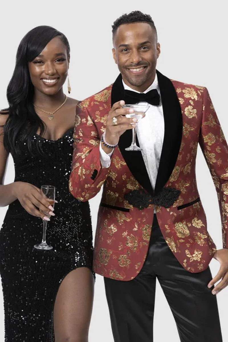 EJ Samuel Red & Gold Paisley Tux Jacket: Luxe Prom Smoking Look