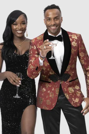 EJ Samuel Red & Gold Paisley Tux Jacket: Luxe Prom Smoking Look