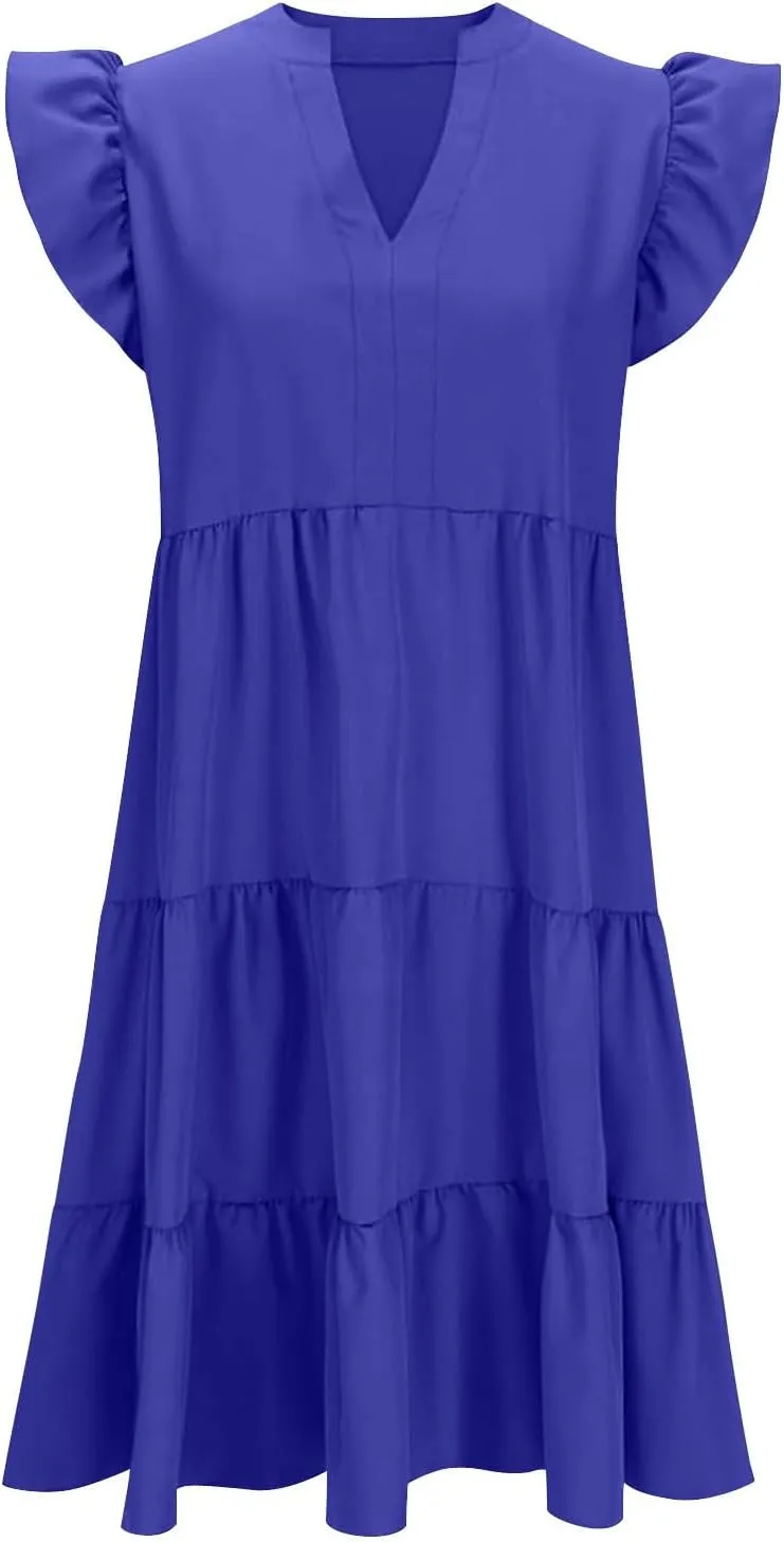 Elegant Multi-Layered Ruffle Side Dress for Women Trendy Round Neck Maxi Skirt Short Sleeve Dresses Vacation Beach