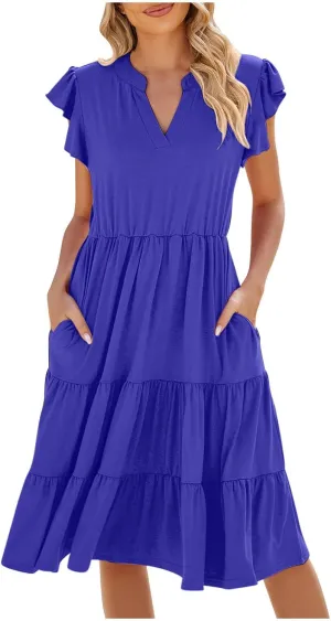 Elegant Multi-Layered Ruffle Side Dress for Women Trendy Round Neck Maxi Skirt Short Sleeve Dresses Vacation Beach