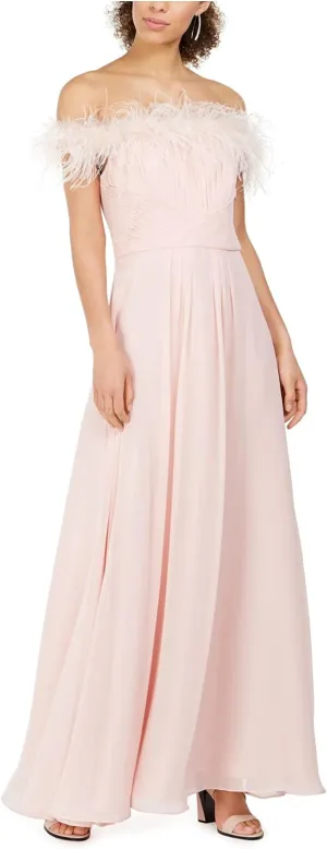 Eliza J Womens Pink Pleated Zippered Faux-Feathered Gown Off Shoulder Full-Length Formal Dress 10