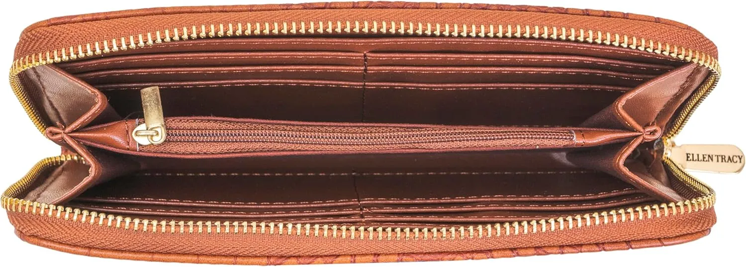 ELLEN TRACY Faux Leather Croco Zip Around Wallet (Cognac)