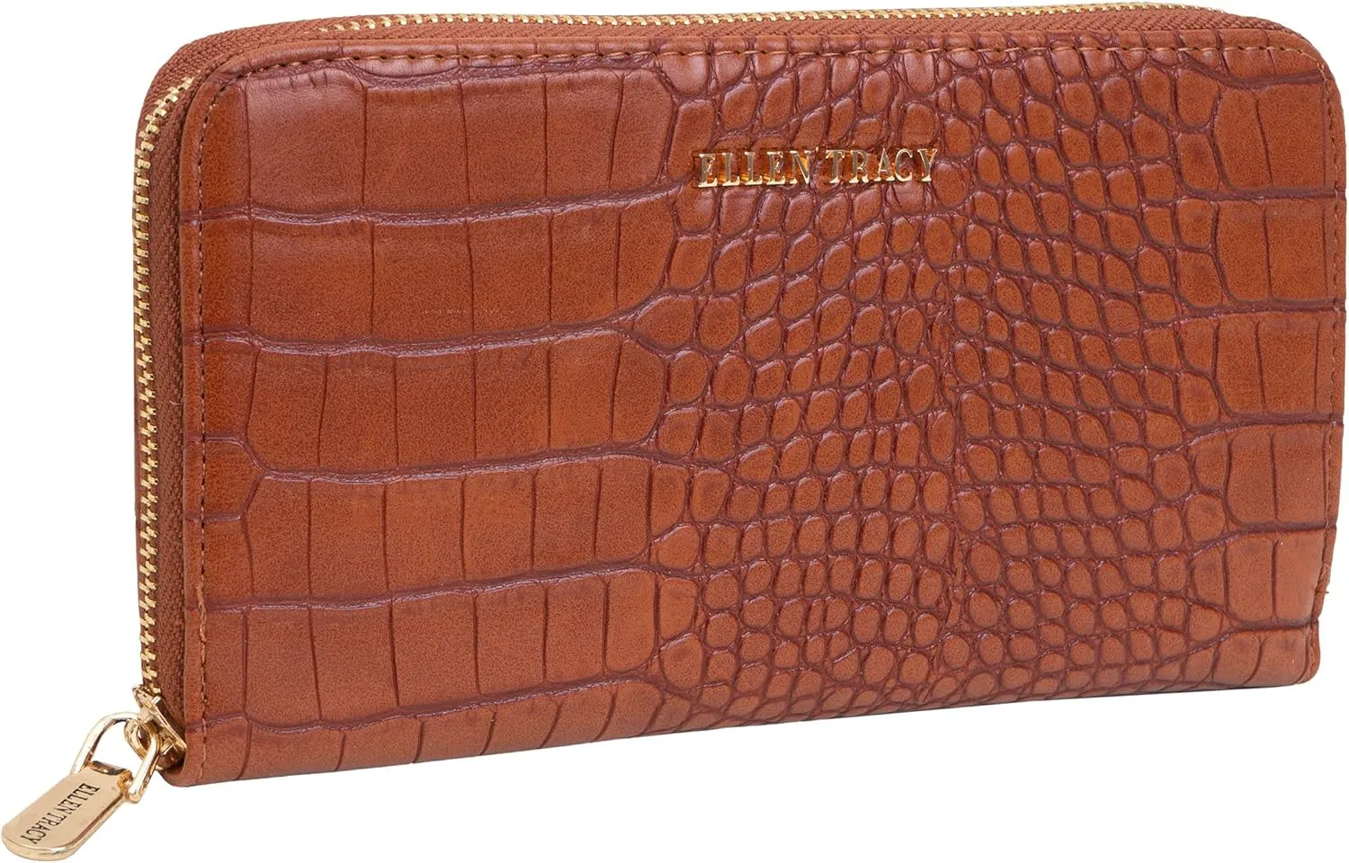 ELLEN TRACY Faux Leather Croco Zip Around Wallet (Cognac)