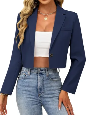 ELLEVEN Women’s Cropped Blazer Business Casual Open Front Long Sleeve One Button Jacket