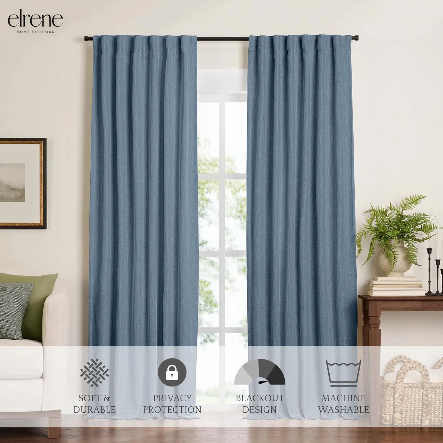 Elrene Home Fashions Harrow Solid Texture Blackout Window Curtain, Living Room and Bedroom Drape with Back Tab and Rod Pocket Tabs, 52"x108", Blue
