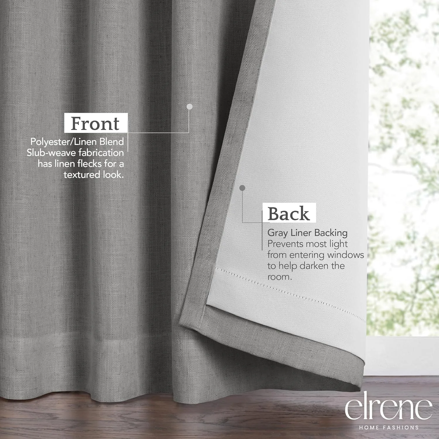 Elrene Home Fashions Harrow Solid Texture Blackout Window Curtain, Living Room and Bedroom Drape with Back Tab and Rod Pocket Tabs, 52"x108", Dark Gray