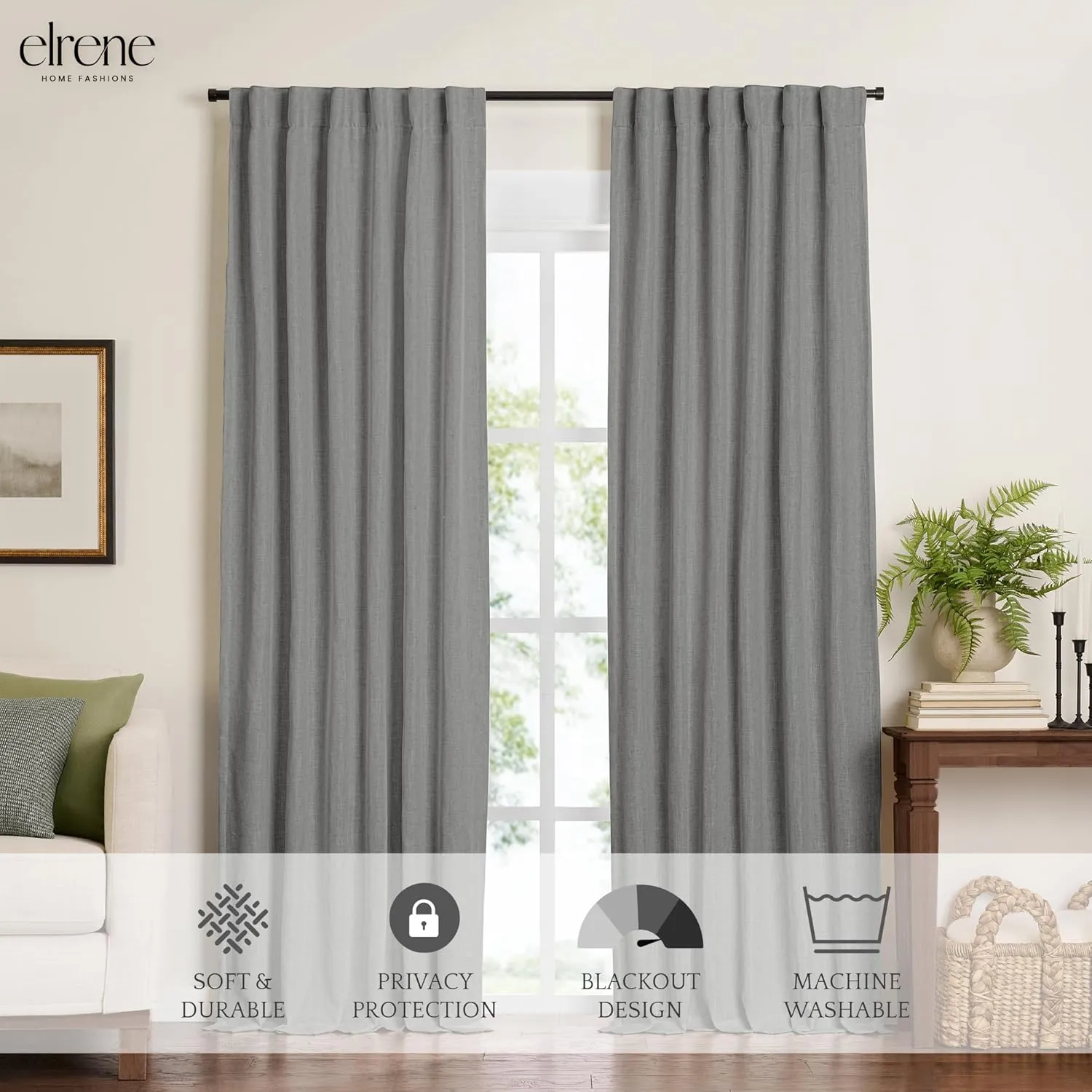 Elrene Home Fashions Harrow Solid Texture Blackout Window Curtain, Living Room and Bedroom Drape with Back Tab and Rod Pocket Tabs, 52"x108", Dark Gray