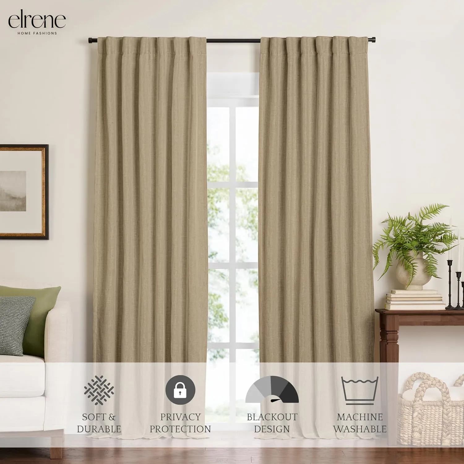 Elrene Home Fashions Harrow Solid Texture Blackout Window Curtain, Living Room and Bedroom Drape with Back Tab and Rod Pocket Tabs, 52"x108", Linen