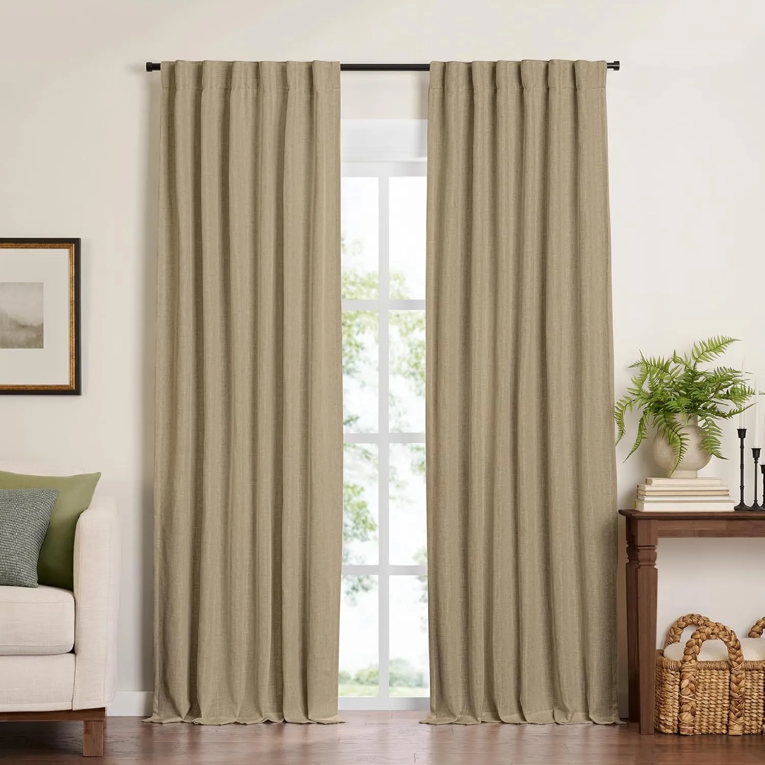 Elrene Home Fashions Harrow Solid Texture Blackout Window Curtain, Living Room and Bedroom Drape with Back Tab and Rod Pocket Tabs, 52"x108", Linen