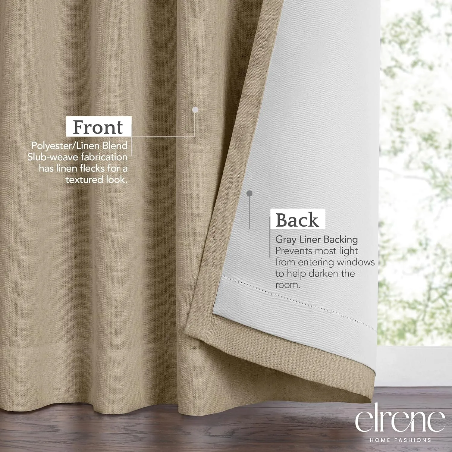 Elrene Home Fashions Harrow Solid Texture Blackout Window Curtain, Living Room and Bedroom Drape with Back Tab and Rod Pocket Tabs, 52"x108", Linen