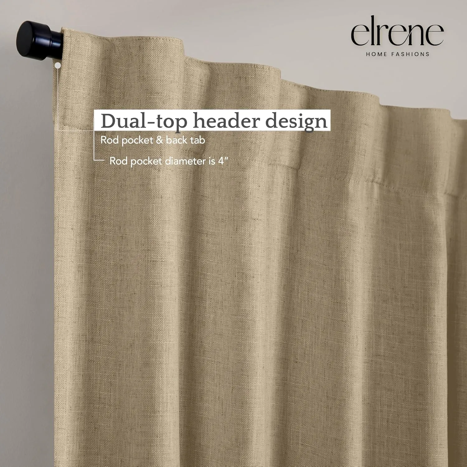 Elrene Home Fashions Harrow Solid Texture Blackout Window Curtain, Living Room and Bedroom Drape with Back Tab and Rod Pocket Tabs, 52"x108", Linen