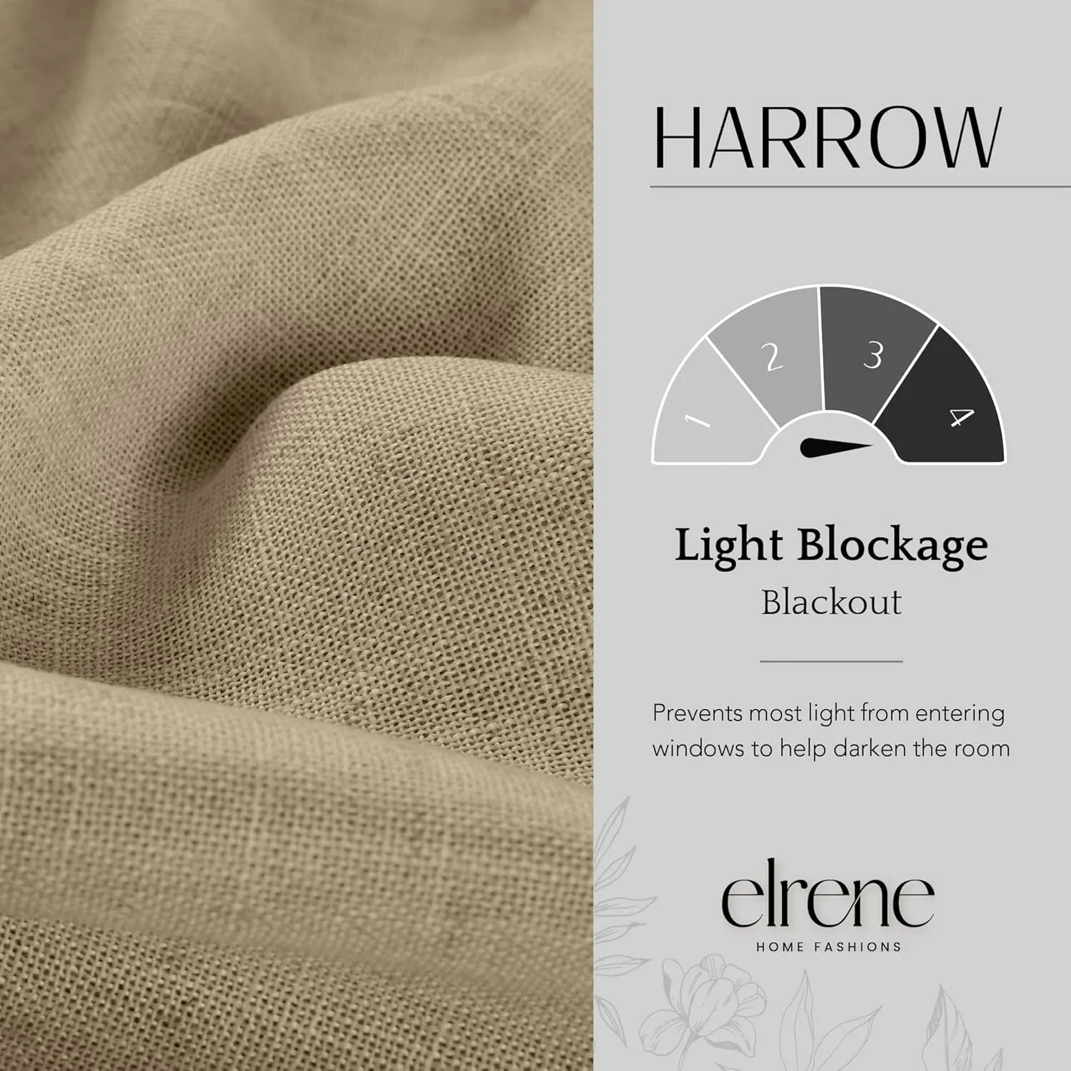 Elrene Home Fashions Harrow Solid Texture Blackout Window Curtain, Living Room and Bedroom Drape with Back Tab and Rod Pocket Tabs, 52"x108", Linen