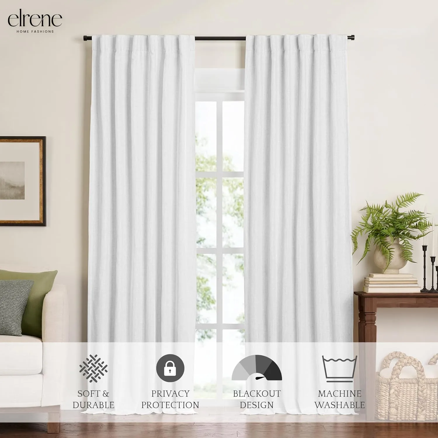 Elrene Home Fashions Harrow Solid Texture Blackout Window Curtain, Living Room and Bedroom Drape with Back Tab and Rod Pocket Tabs, 52"x108", White