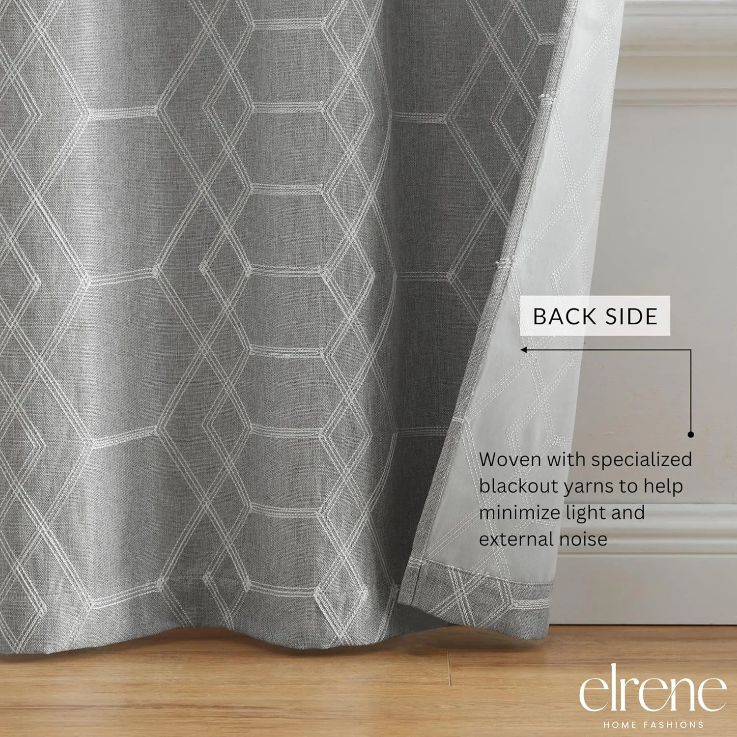 Elrene Home Fashions Kendal Geometric Embroidered Thermal Blackout Window Curtain Panel with Grommets, Set of 2, 37"x63", Gray