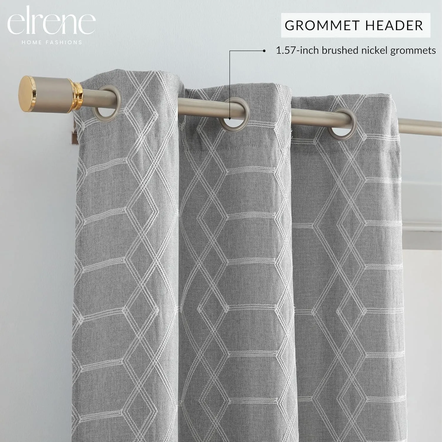 Elrene Home Fashions Kendal Geometric Embroidered Thermal Blackout Window Curtain Panel with Grommets, Set of 2, 37"x63", Gray