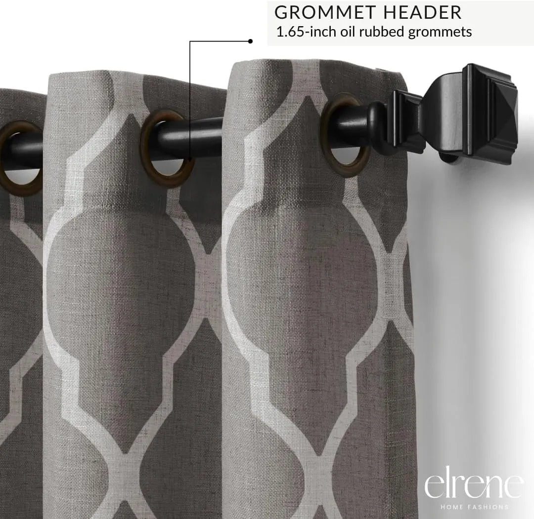 Elrene Home Fashions Medalia Grommet Top Light Filtering Trellis Geometric Pattern Linen Blend Window Curtain Single Panel, 52" x 120", Dark Gray