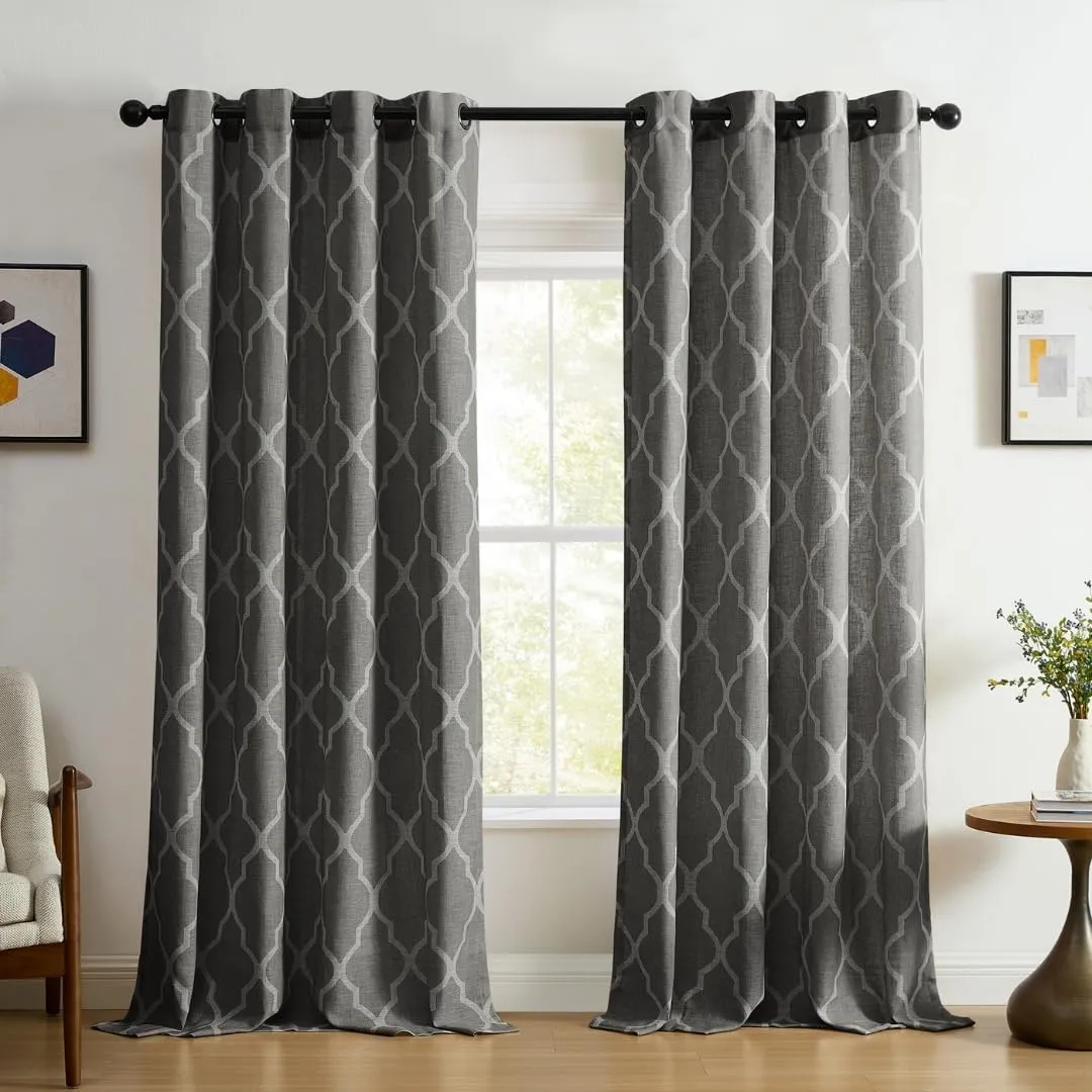 Elrene Home Fashions Medalia Grommet Top Light Filtering Trellis Geometric Pattern Linen Blend Window Curtain Single Panel, 52" x 120", Dark Gray