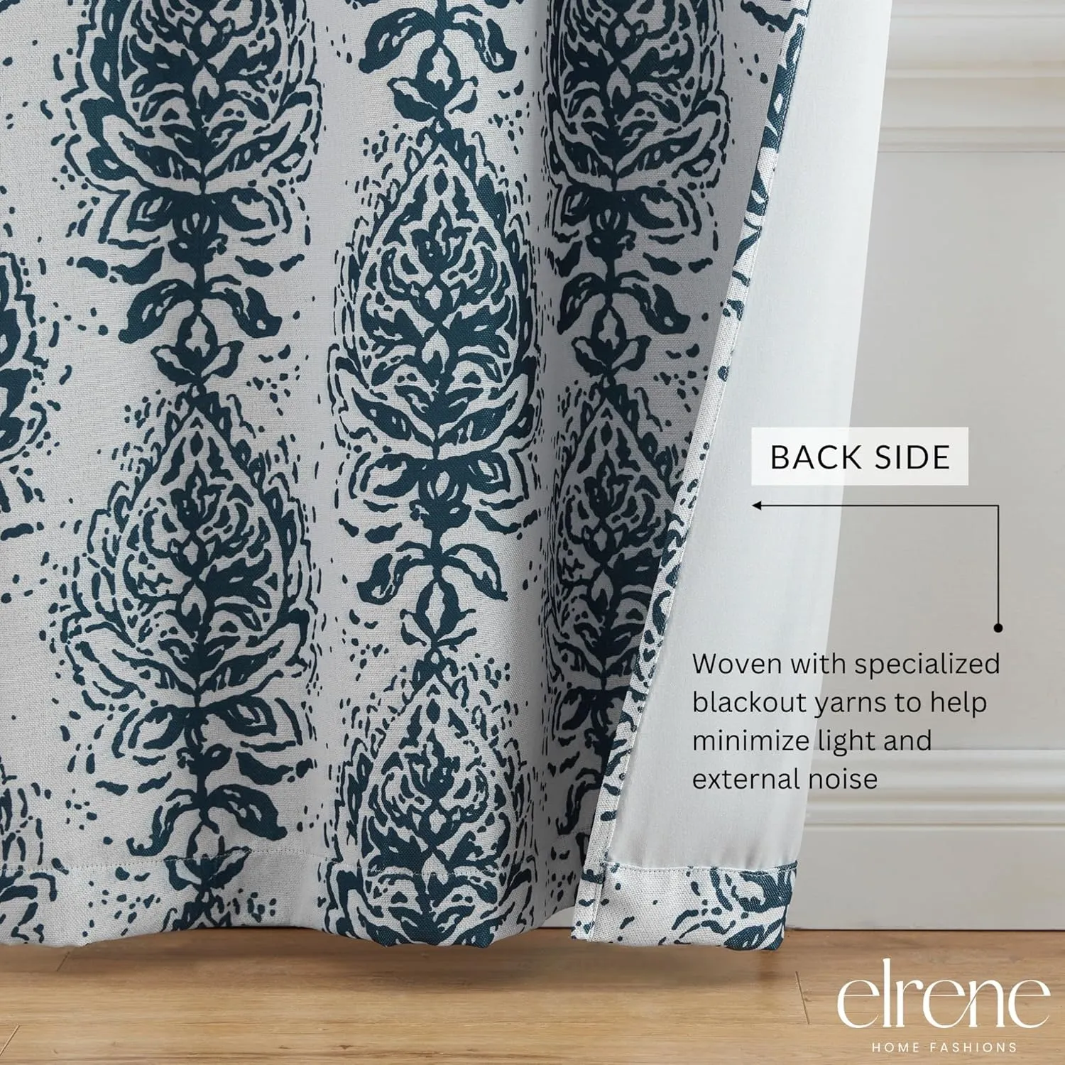 Elrene Home Fashions Raja Boho Print Thermal Blackout Window Curtain Panel with Grommets, Set of 2, 37"x63", Indigo