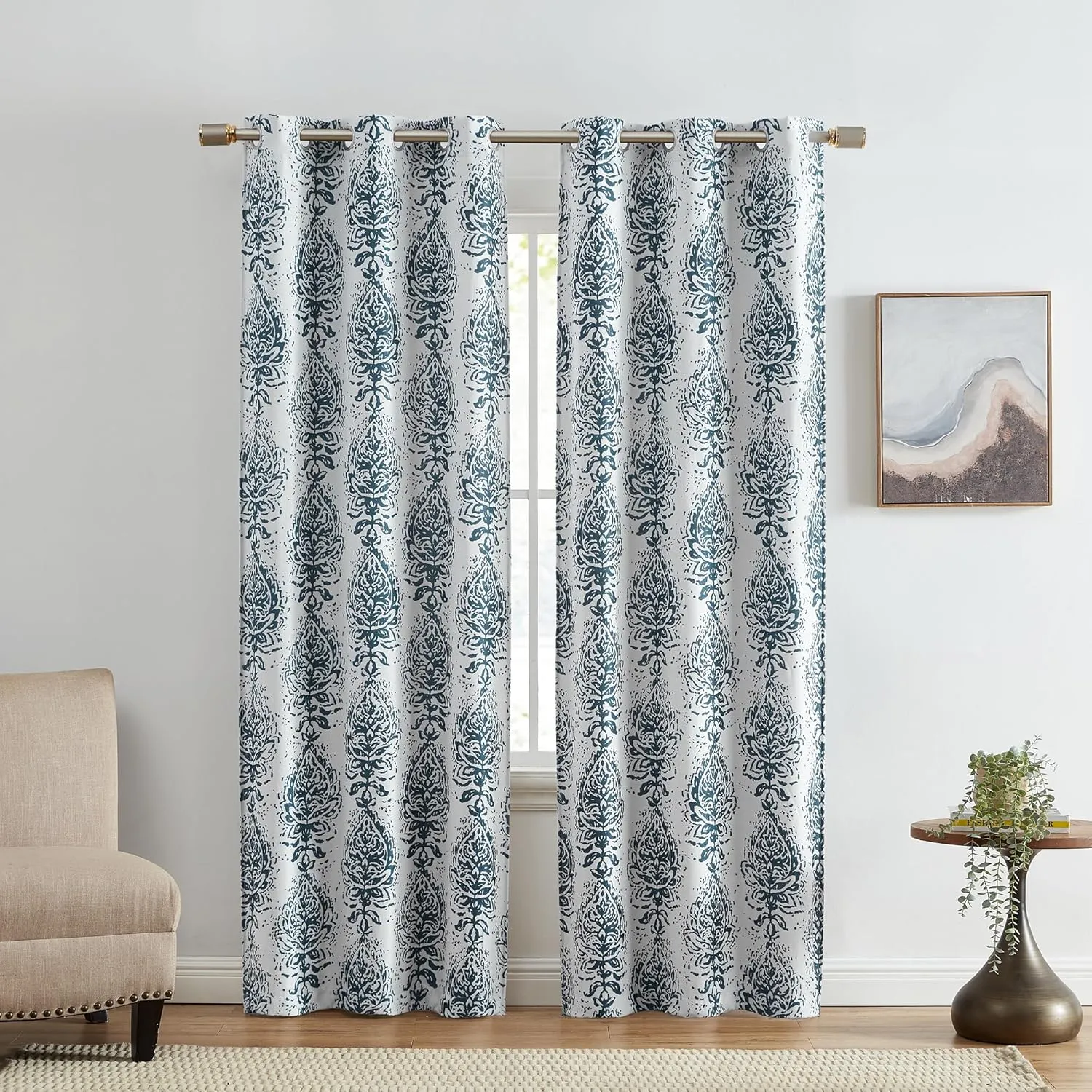Elrene Home Fashions Raja Boho Print Thermal Blackout Window Curtain Panel with Grommets, Set of 2, 37"x63", Indigo
