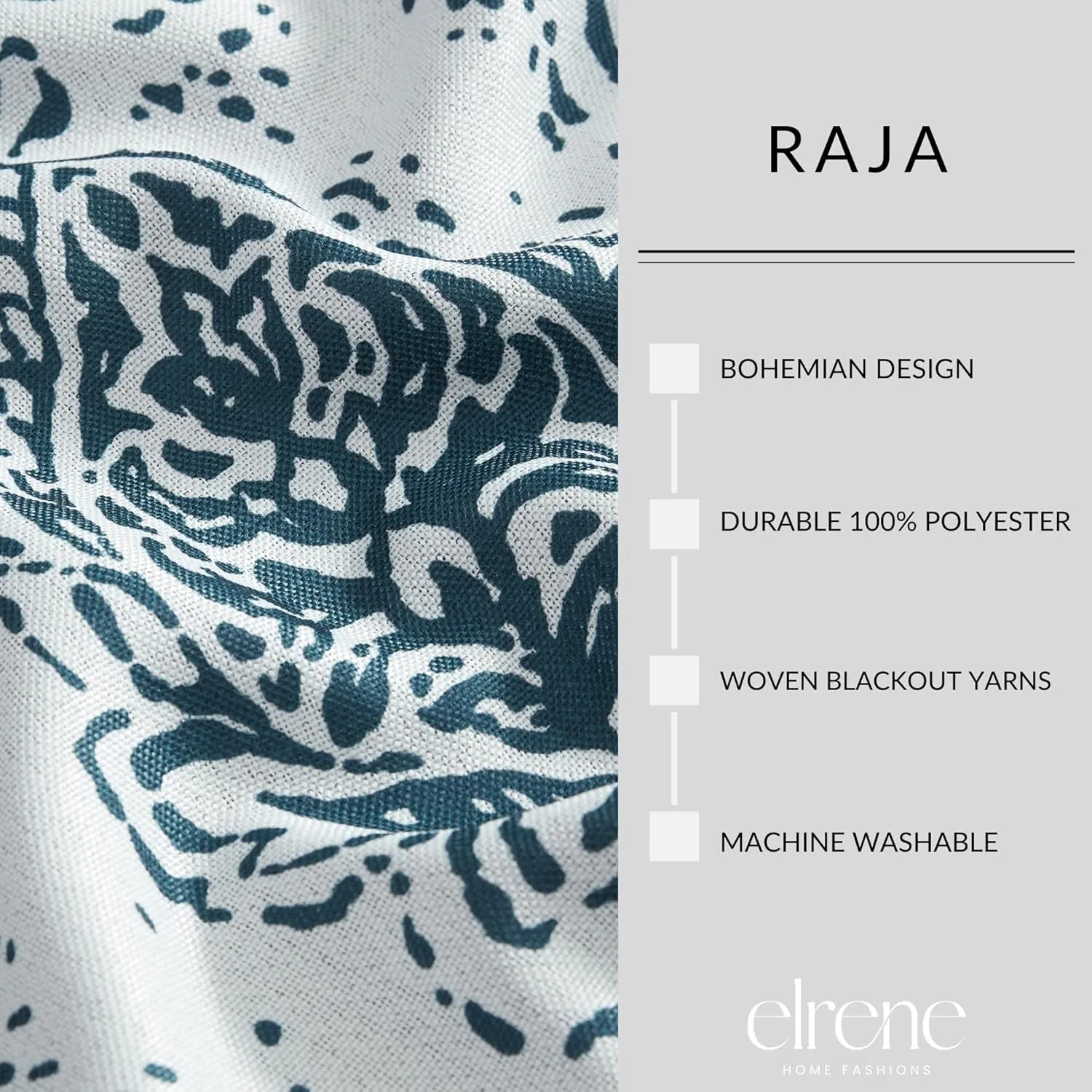 Elrene Home Fashions Raja Boho Print Thermal Blackout Window Curtain Panel with Grommets, Set of 2, 37"x63", Indigo