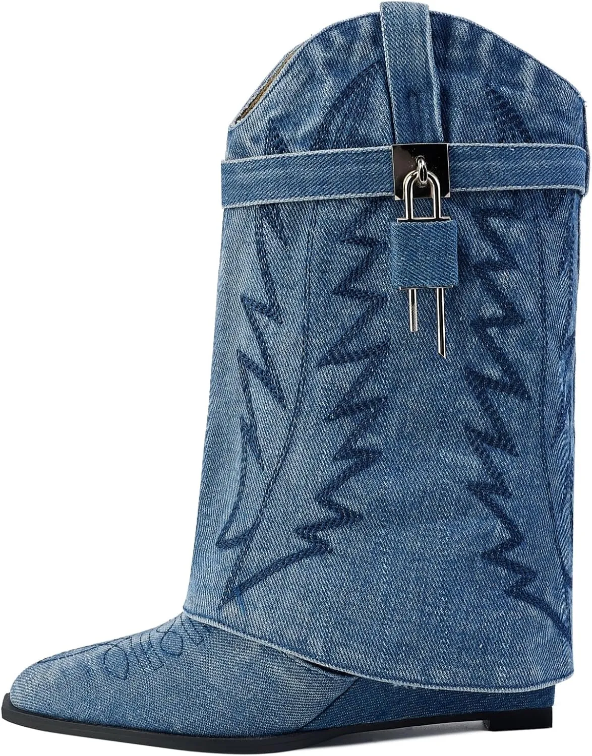 Embroidered Fold Over Over Wide Calf Wedge Pull-On Pointed Toe Western Cowgirl Floral Printing Booties for Women