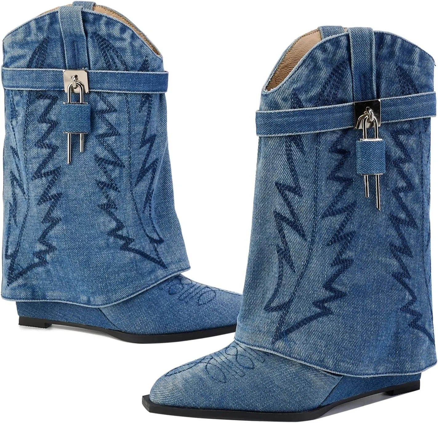 Embroidered Fold Over Over Wide Calf Wedge Pull-On Pointed Toe Western Cowgirl Floral Printing Booties for Women