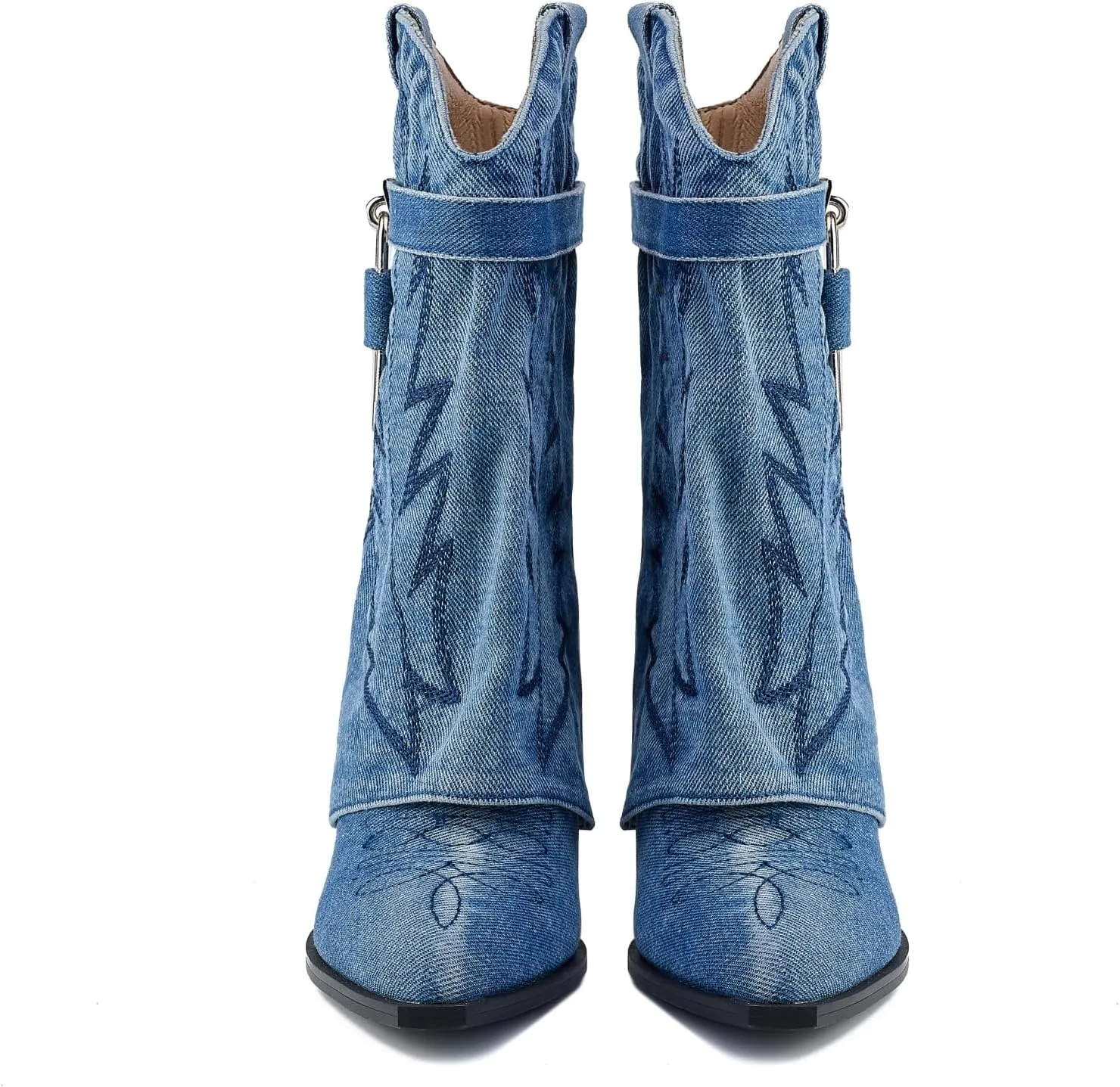 Embroidered Fold Over Over Wide Calf Wedge Pull-On Pointed Toe Western Cowgirl Floral Printing Booties for Women