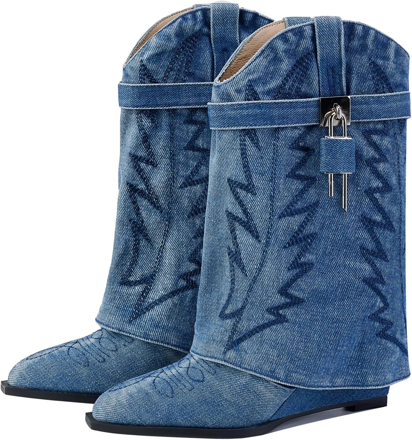 Embroidered Fold Over Over Wide Calf Wedge Pull-On Pointed Toe Western Cowgirl Floral Printing Booties for Women