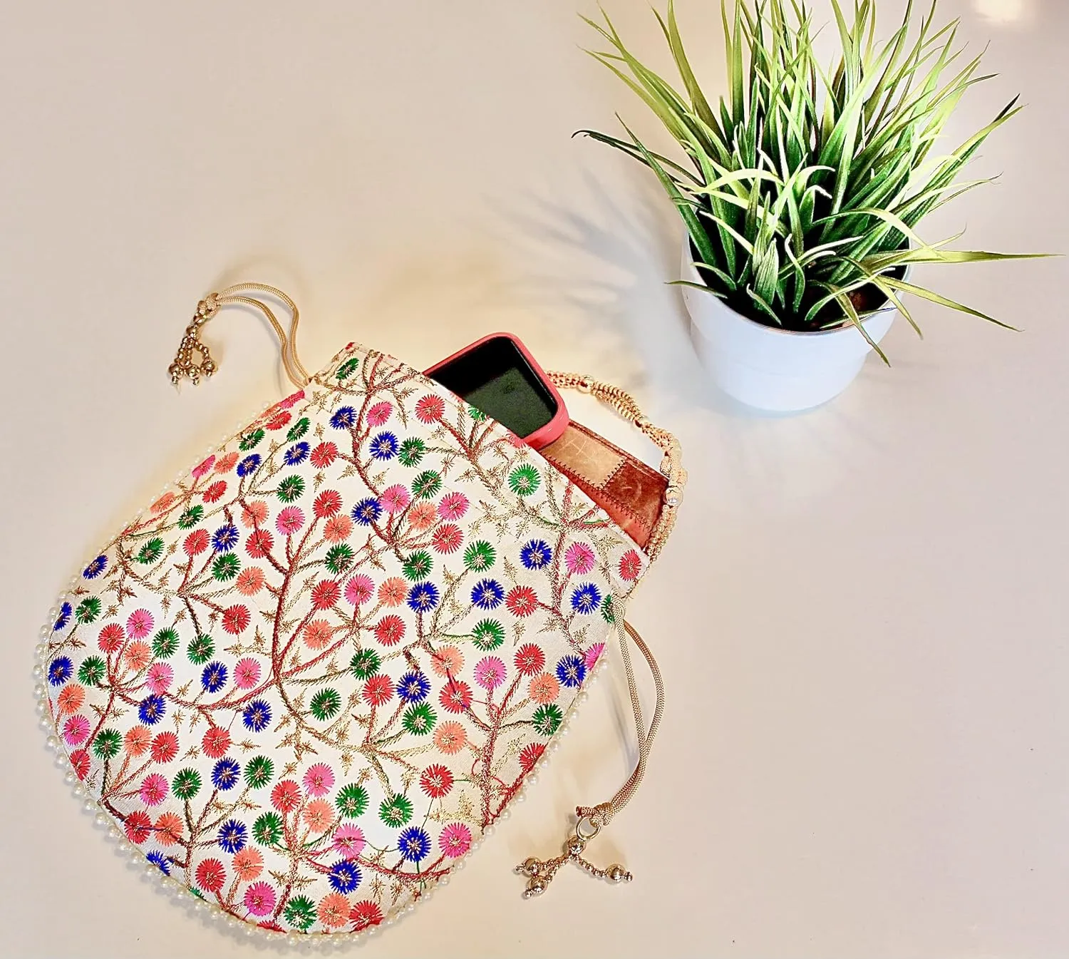 Embroidered Indian Ethnic Potli Bag for Women. Traditional, Handmade, Perfect for Weddings and Other Special Occasions
