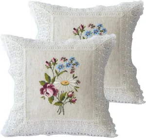 Embroidered Spring Floral Throw Pillow Covers Set of 2, 18x18 inches Farmhouse Cottage Garden Pillow Shams Linen Blended Decorative Cushion Cover Case (Linen Natural, Linen Blended)