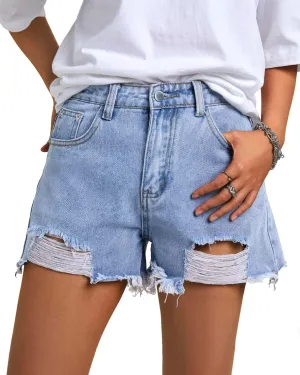 EMMIOL Womens Jean Shorts Rhinestones Fringe Short Jeans Mid-Low Rise Distressed Denim Hot Pants Summer Jorts