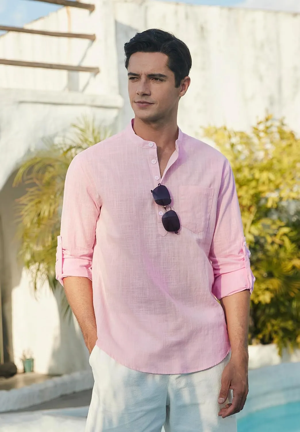 Enlision Mens Cotton Linen Henley Shirts Casual Long Sleeve Summer Beach Shirt Hawaii Hippie Button Down T-Shirt for Men