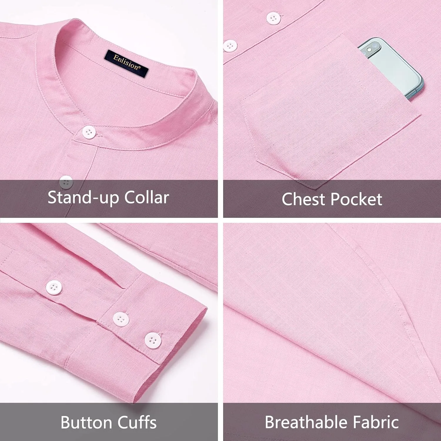 Enlision Mens Cotton Linen Henley Shirts Casual Long Sleeve Summer Beach Shirt Hawaii Hippie Button Down T-Shirt for Men