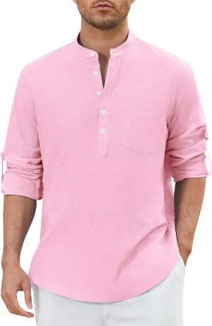 Enlision Mens Cotton Linen Henley Shirts Casual Long Sleeve Summer Beach Shirt Hawaii Hippie Button Down T-Shirt for Men