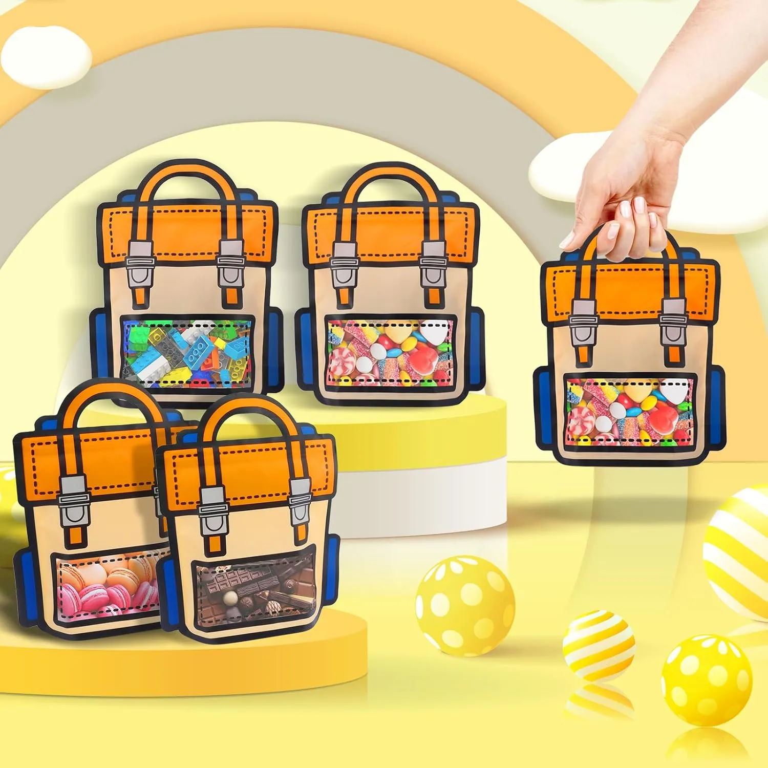 EONSUI 30PCS Plastic Gift Bags with Handles, Cartoon Backpack Bags for Party, Wedding, Birthday, Baby Shower, Bulk Goodie Bags for Candy, Party Favors, Snacks (Orange, Large)