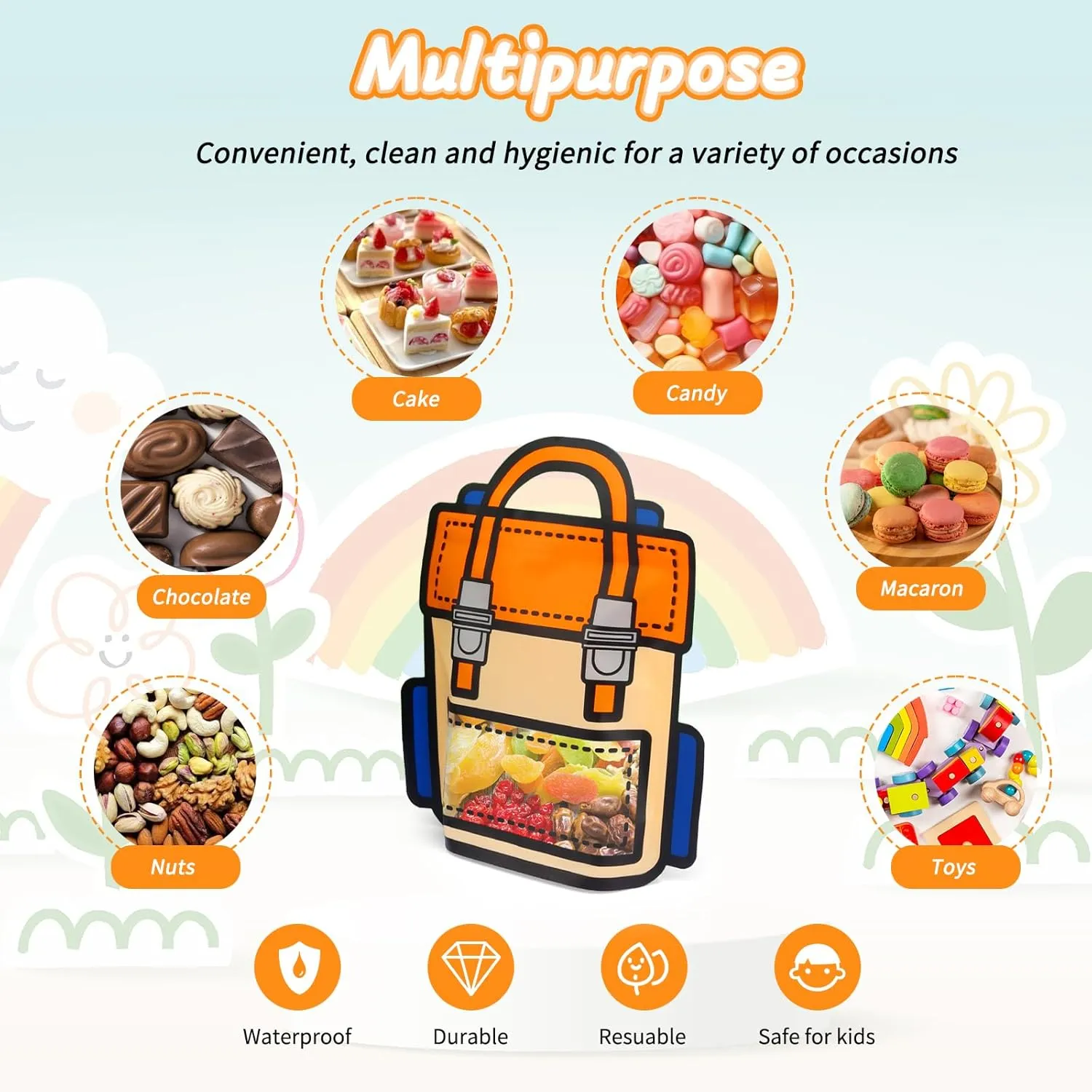 EONSUI 30PCS Plastic Gift Bags with Handles, Cartoon Backpack Bags for Party, Wedding, Birthday, Baby Shower, Bulk Goodie Bags for Candy, Party Favors, Snacks (Orange, Large)