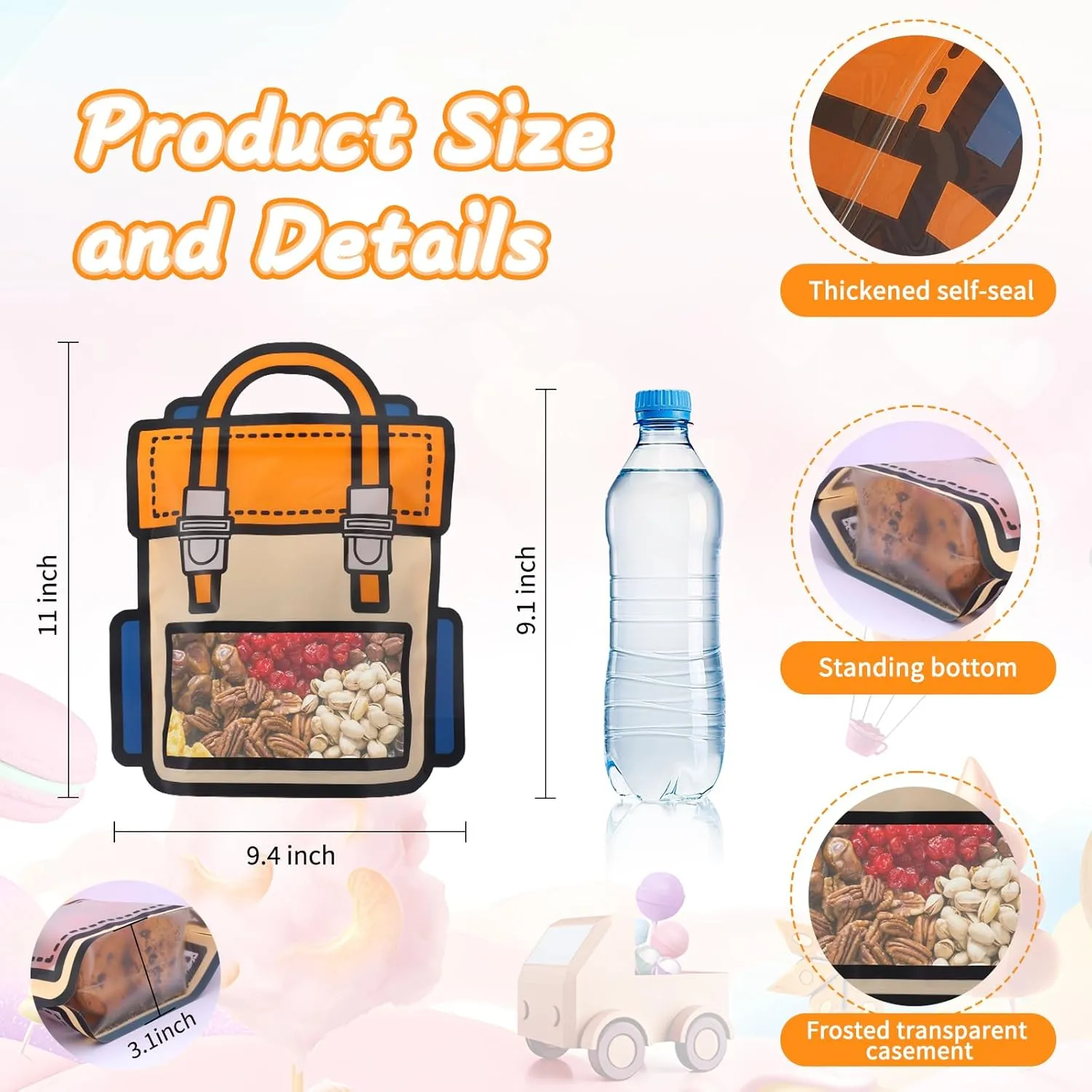 EONSUI 30PCS Plastic Gift Bags with Handles, Cartoon Backpack Bags for Party, Wedding, Birthday, Baby Shower, Bulk Goodie Bags for Candy, Party Favors, Snacks (Orange, Large)