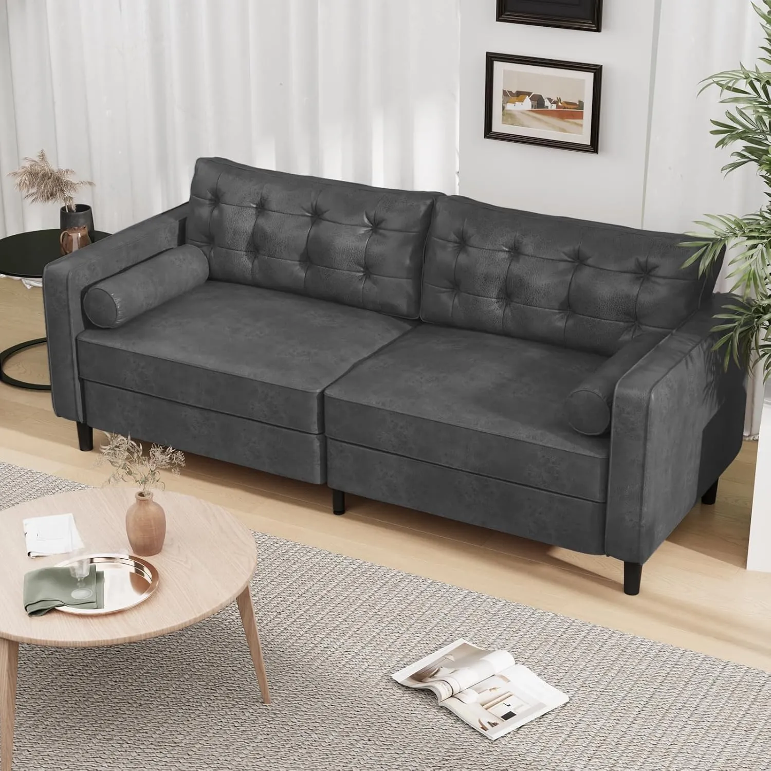Esright Faux Leather Sofa, 84.2-Inch Mid Century Modern 3-Seater Couch with 2 Bolster Pillows, Large Gray Sofa for Living Room, Apartment, Office